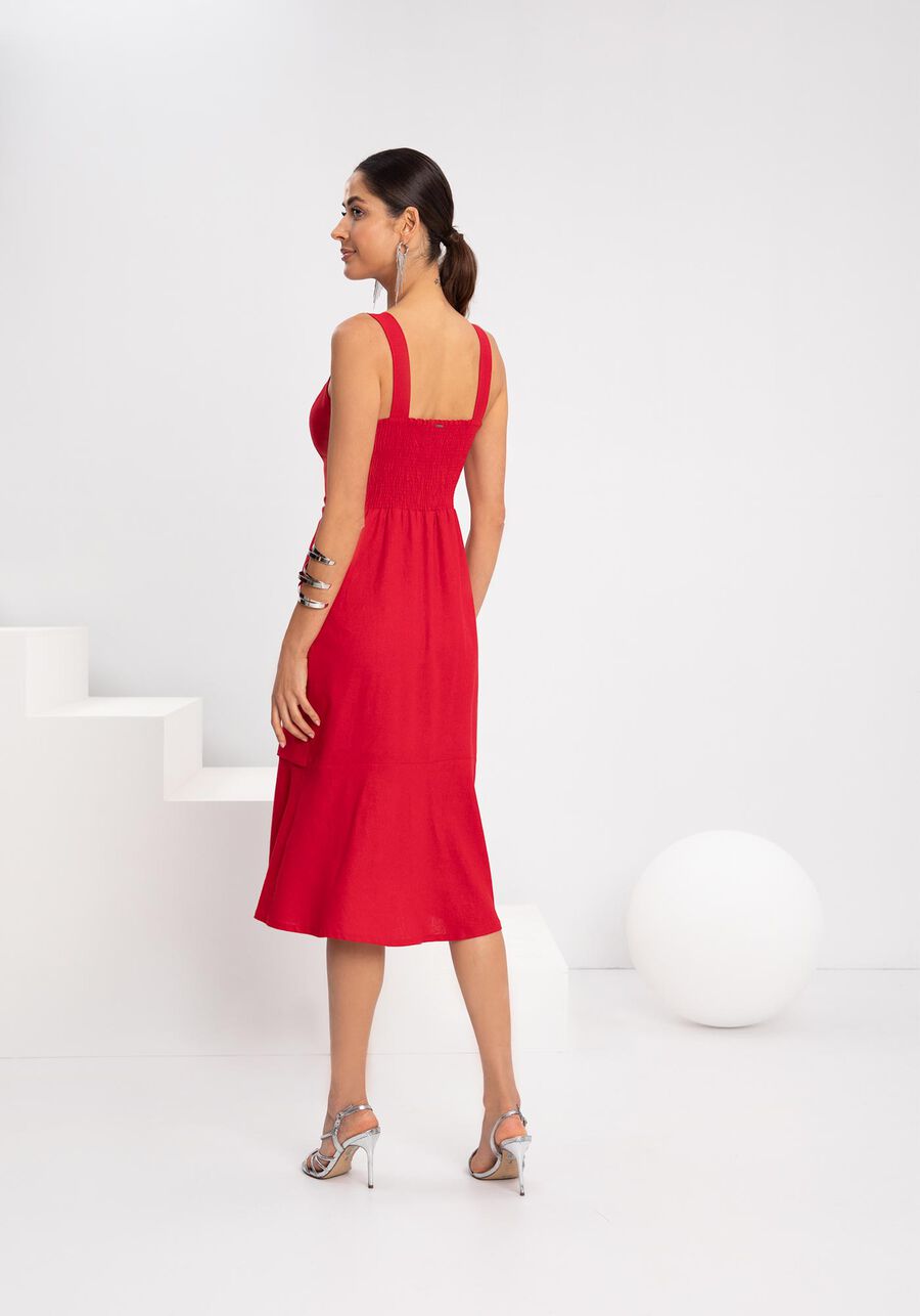 Vestido Midi Chá Com Elástico Nas Costas Em Tecido Linho, . Vestido Midi Chá Com Elástico Nas Costas Em Tecido Linho, , large.