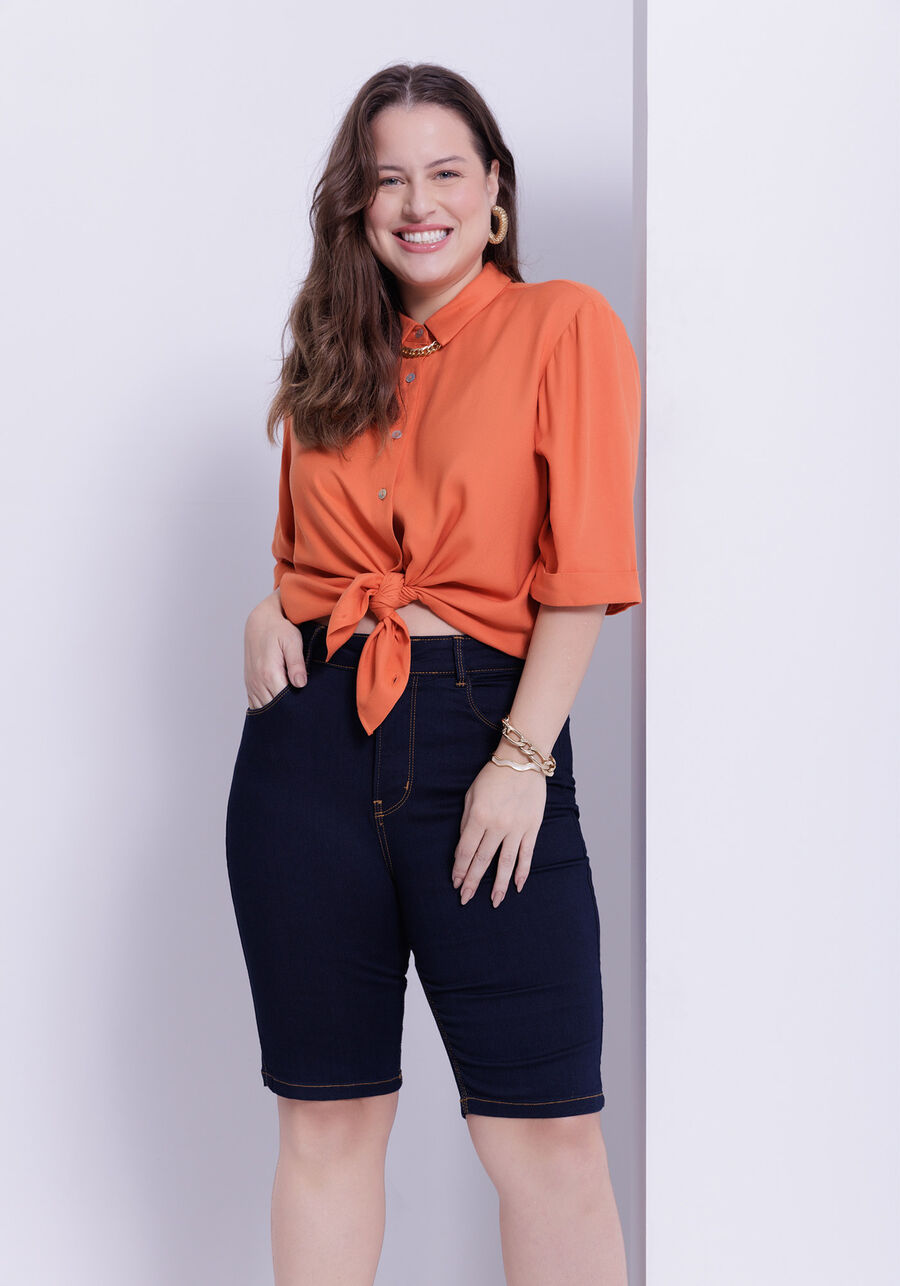 Camisa Plus Size Alongada Com Mangas 3/4 E Botões, . Camisa Plus Size Alongada Com Mangas 3/4 E Botões, , large.