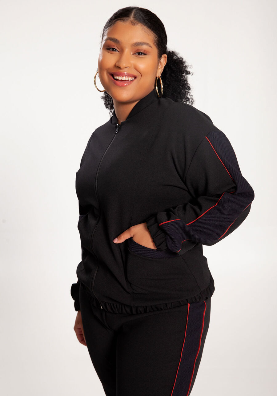 Jaqueta Plus Size em Malha com Bolsos, PRETO REATIVO. Jaqueta Plus Size em Malha com Bolsos, PRETO REATIVO, large.