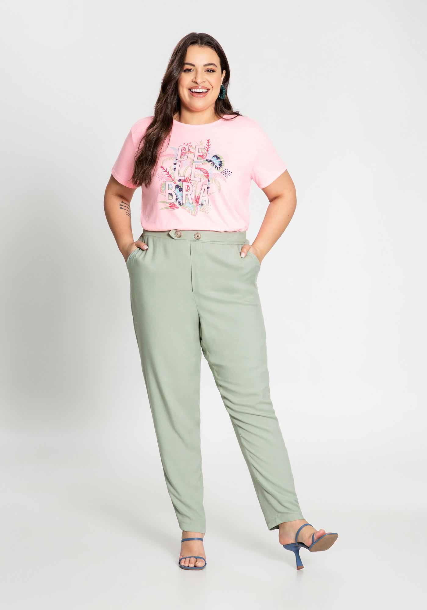 T-shirt Plus Size em Malha Estampa Celebra, ROSA FRESH NEON, large.