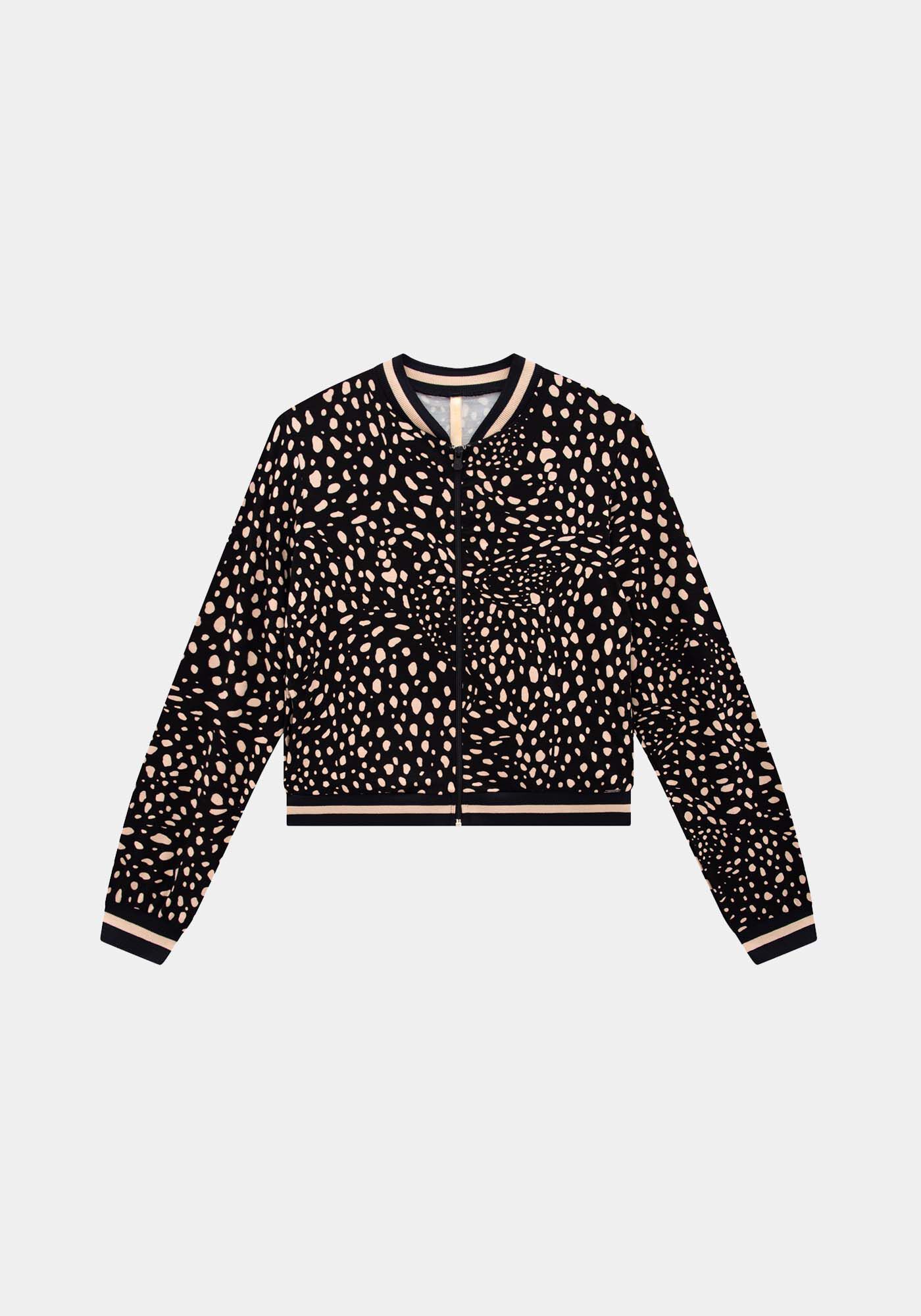 Jaqueta Bomber Estampada em Moletom com Retil&iacute;nea, FELINE PRETO, large.