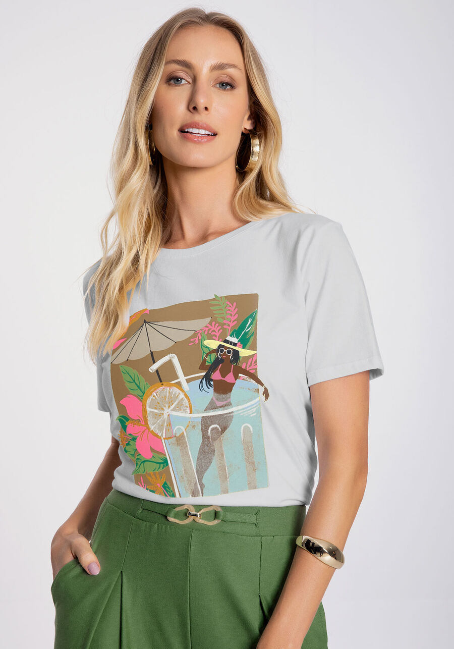 T-shirt em Malha Penteada Estampada, BRANCO. T-shirt em Malha Penteada Estampada, BRANCO, large.