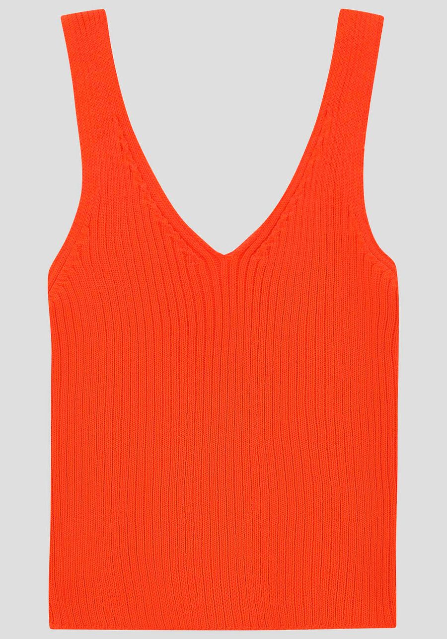 Blusa em Tricô Canelado com Decote V, LARANJA MAMAO. Blusa em Tricô Canelado com Decote V, LARANJA MAMAO, large.