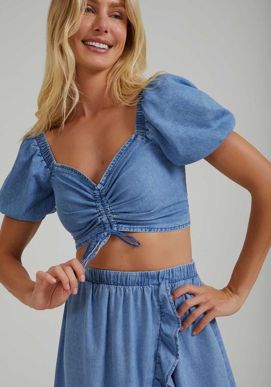 Blusa Jeans Cropped Manga Bufante com Amarração, . Blusa Jeans Cropped Manga Bufante com Amarração, , large.