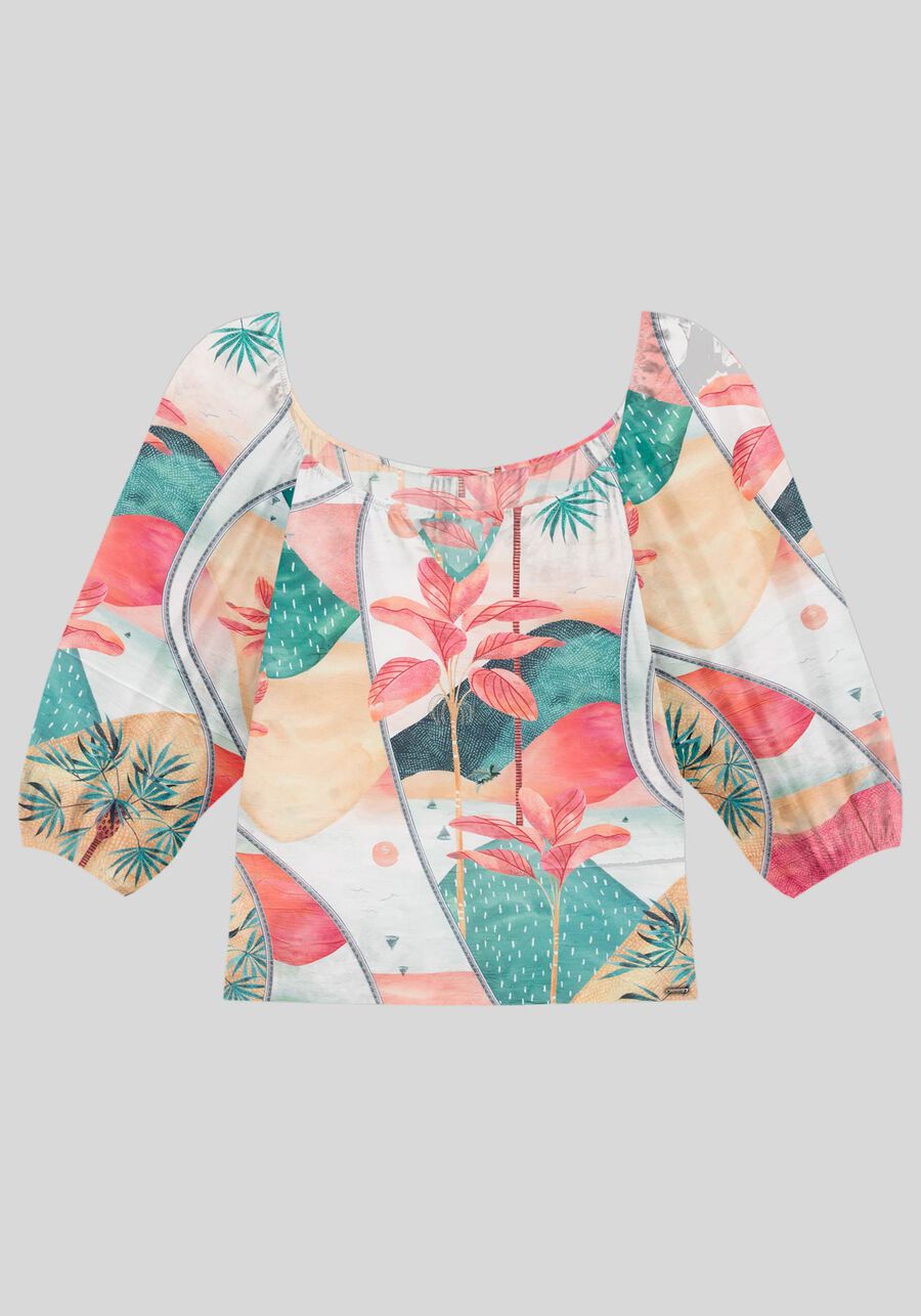 Blusa Plus Size Estampada com Manga 3/4 Bufante, . Blusa Plus Size Estampada com Manga 3/4 Bufante, , large.