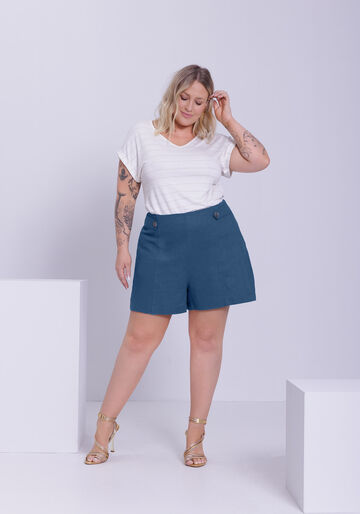 Blusa Plus Size em Malha Listrada com Decote V, BRANCO OFF WHITE. Blusa Plus Size em Malha Listrada com Decote V, BRANCO OFF WHITE, large.