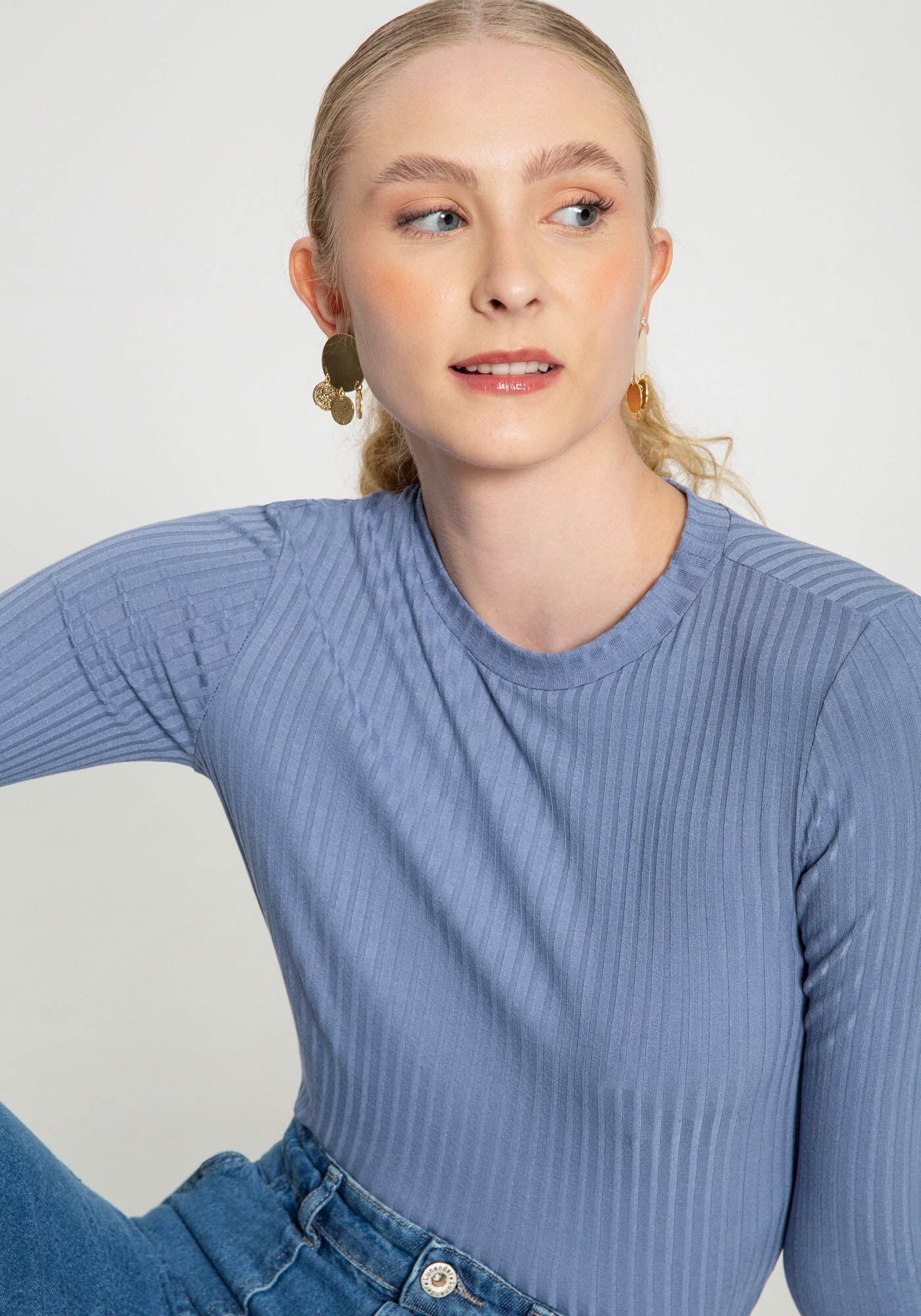 Blusa Manga Longa Canelada B&aacute;sica com Gola, , large.