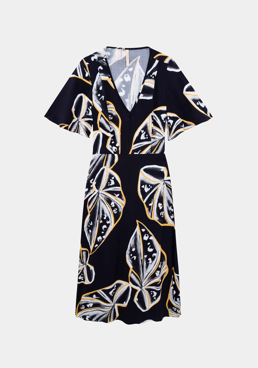 Vestido Midi Estampado com Abertura, PRETO REATIVO. Vestido Midi Estampado com Abertura, PRETO REATIVO, large.