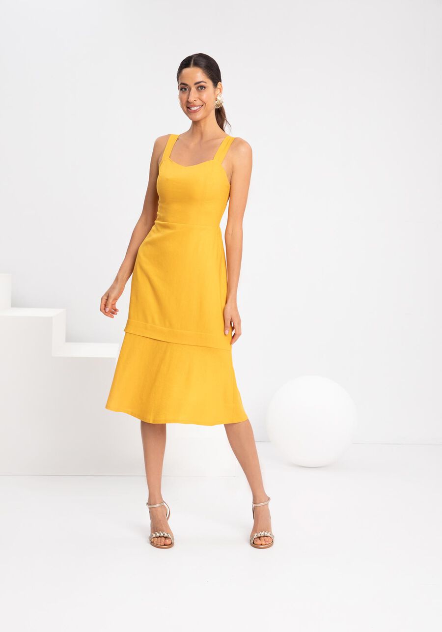 Vestido Midi Chá Com Elástico Nas Costas Em Tecido Linho, . Vestido Midi Chá Com Elástico Nas Costas Em Tecido Linho, , large.