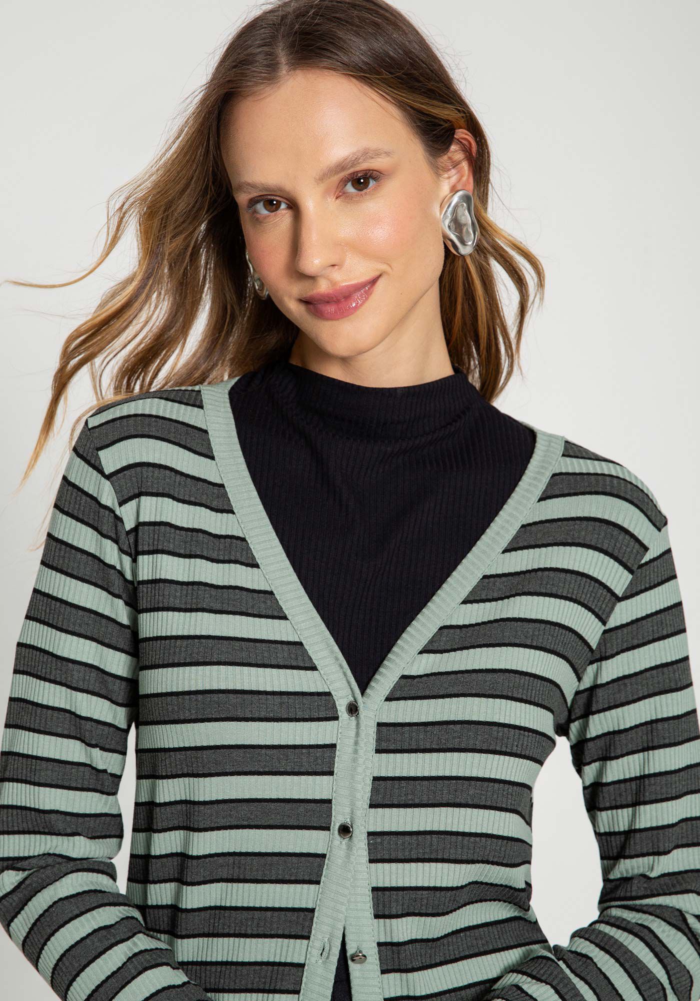 Cardigan Canelado Listrado com Decote V, , large.
