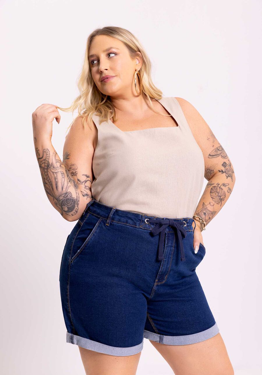 Shorts Jeans Boyfriend Com Cadarço Frontal E Cintura Média, JEANS. Shorts Jeans Boyfriend Com Cadarço Frontal E Cintura Média, JEANS, large.