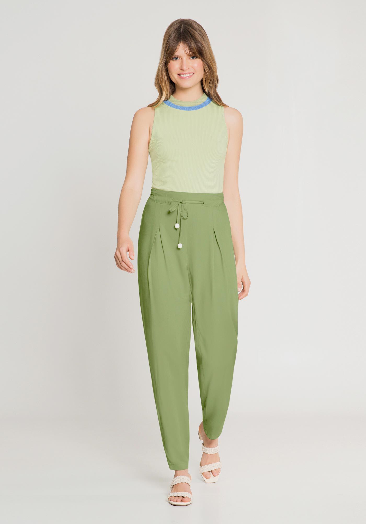 Cal&ccedil;a em Viscose com Pregas e Cinto, VERDE IOIO, large.