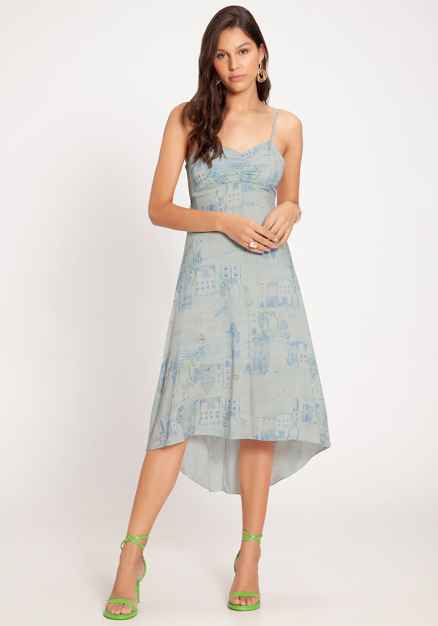 Vestido Midi Estampado em Viscose com Franzido, . Vestido Midi Estampado em Viscose com Franzido, , large.