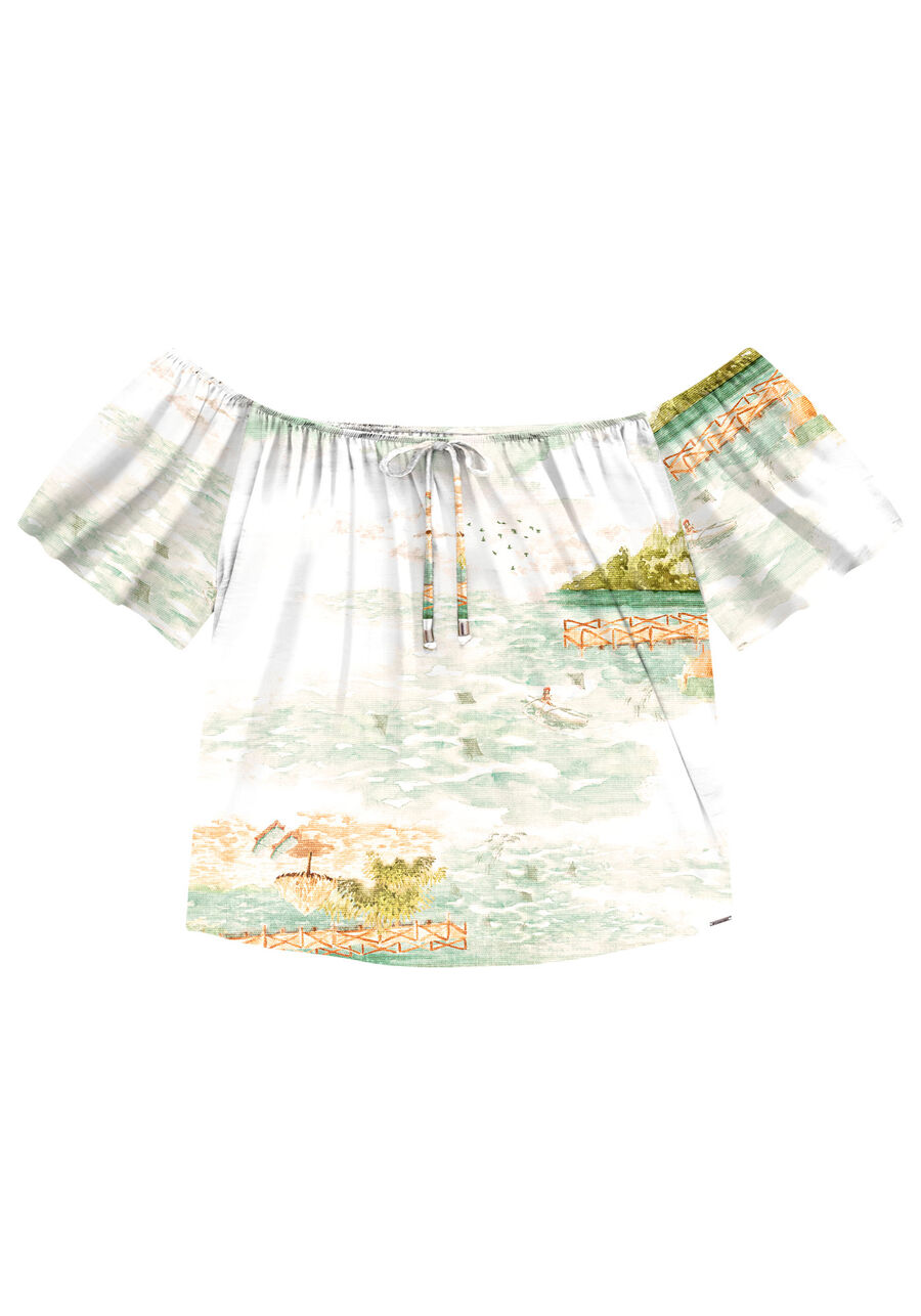 Blusa Ombro a Ombro em Malha Viscose Estampada, BORA BORA OFF. Blusa Ombro a Ombro em Malha Viscose Estampada, BORA BORA OFF, large.