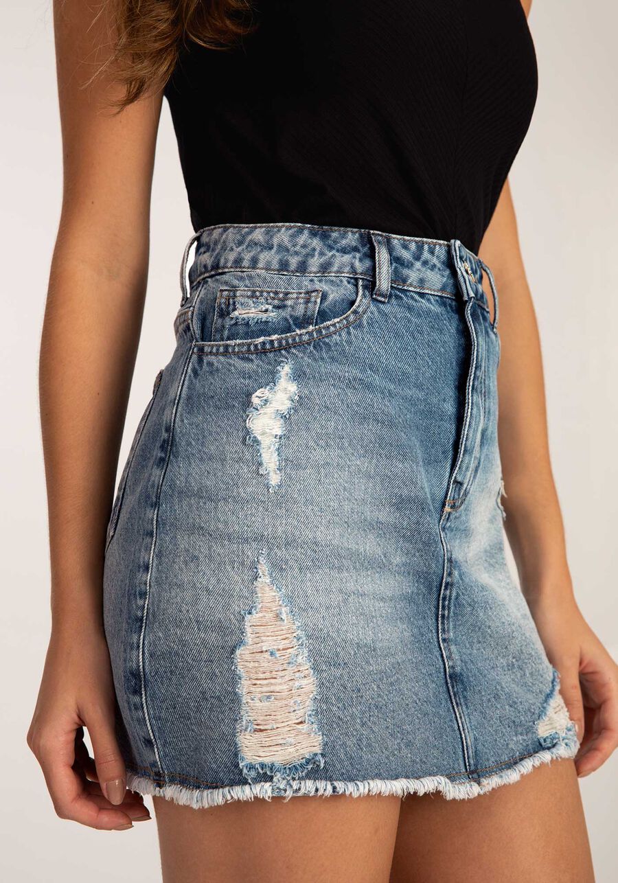 Saia Jeans Cintura Alta Destroyed, . Saia Jeans Cintura Alta Destroyed, , large.