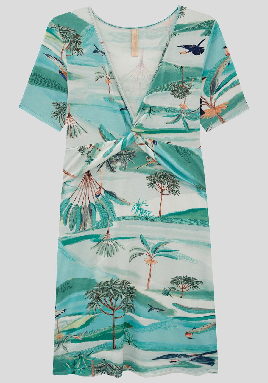 Vestido Curto Estampado com Decote Torção, PARAISO AZUL. Vestido Curto Estampado com Decote Torção, PARAISO AZUL, large.