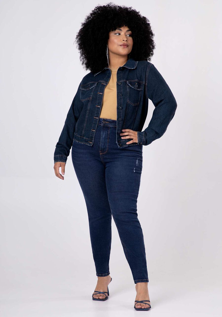 Jaqueta Plus Size Cropped Jeans com Elastano, JEANS. Jaqueta Plus Size Cropped Jeans com Elastano, JEANS, large.