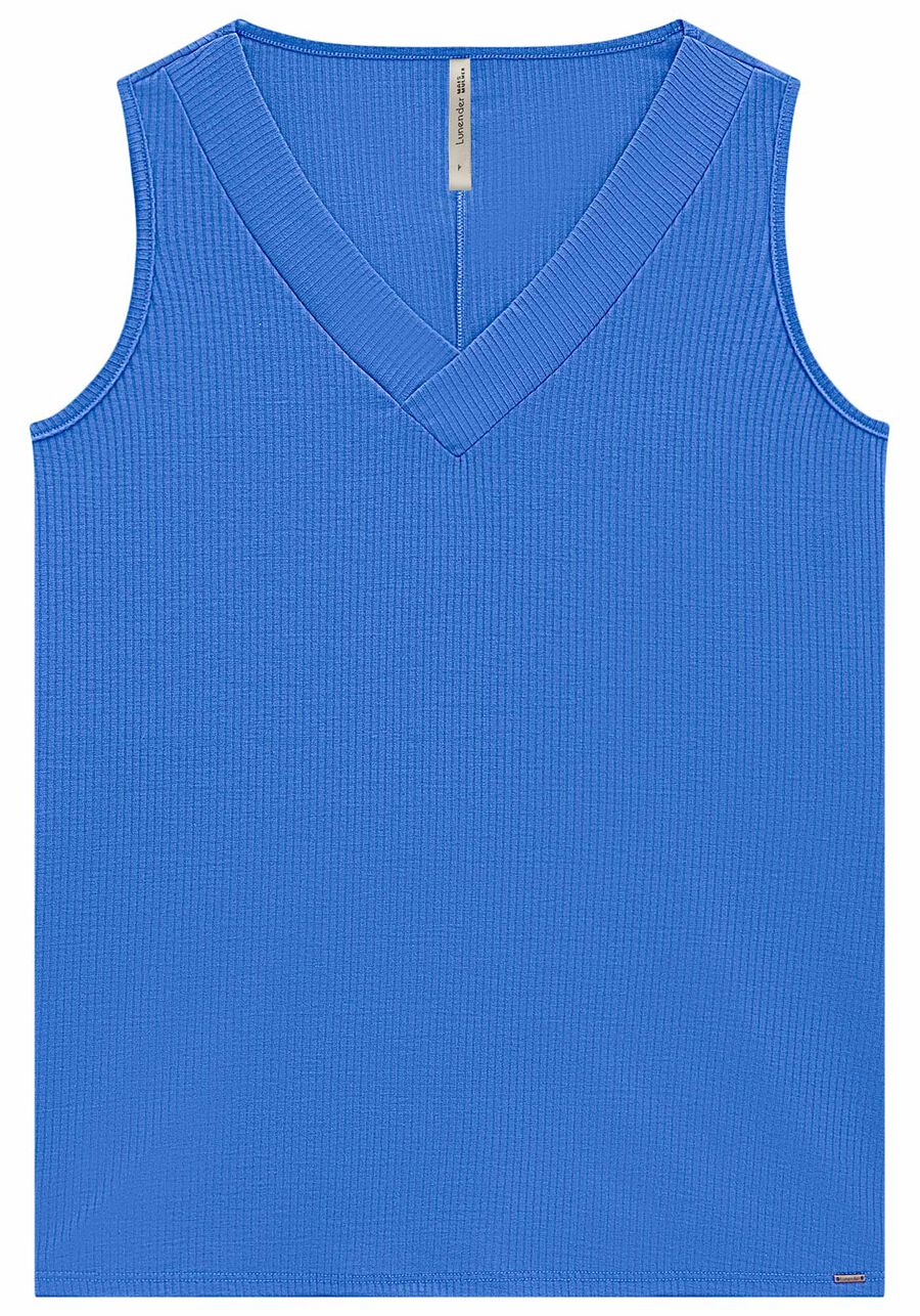 Blusa Regata Canelada Com Alças Largas E Decote Em V, AZUL CARBONO. Blusa Regata Canelada Com Alças Largas E Decote Em V, AZUL CARBONO, large.