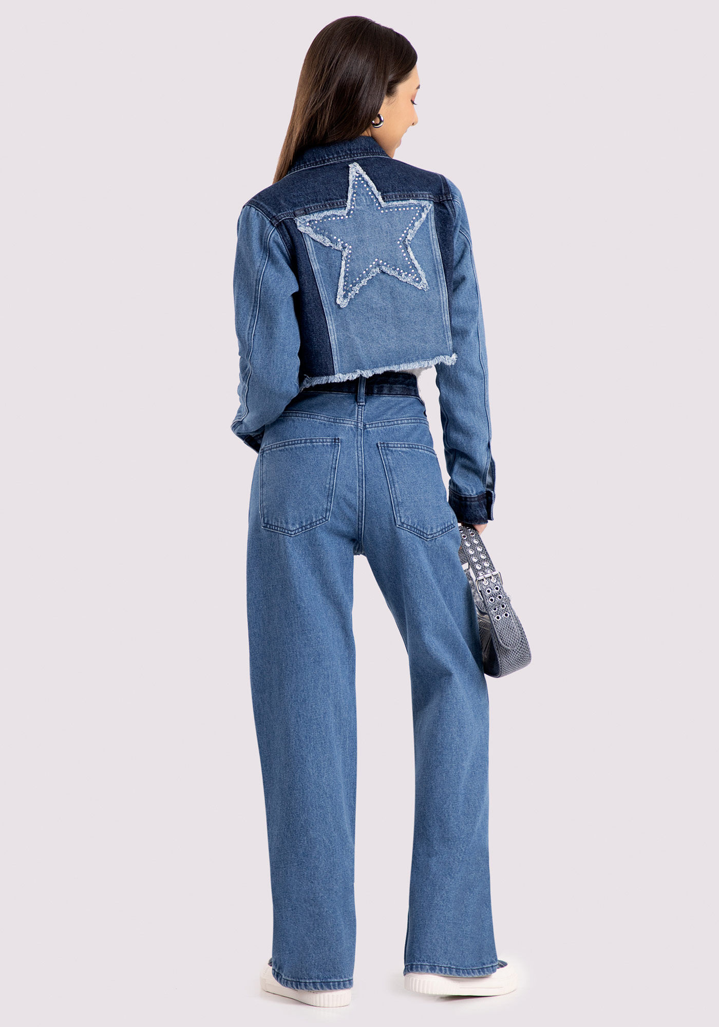 Jaqueta Jeans Bicolor Juvenil com Patch Estrela, , large.