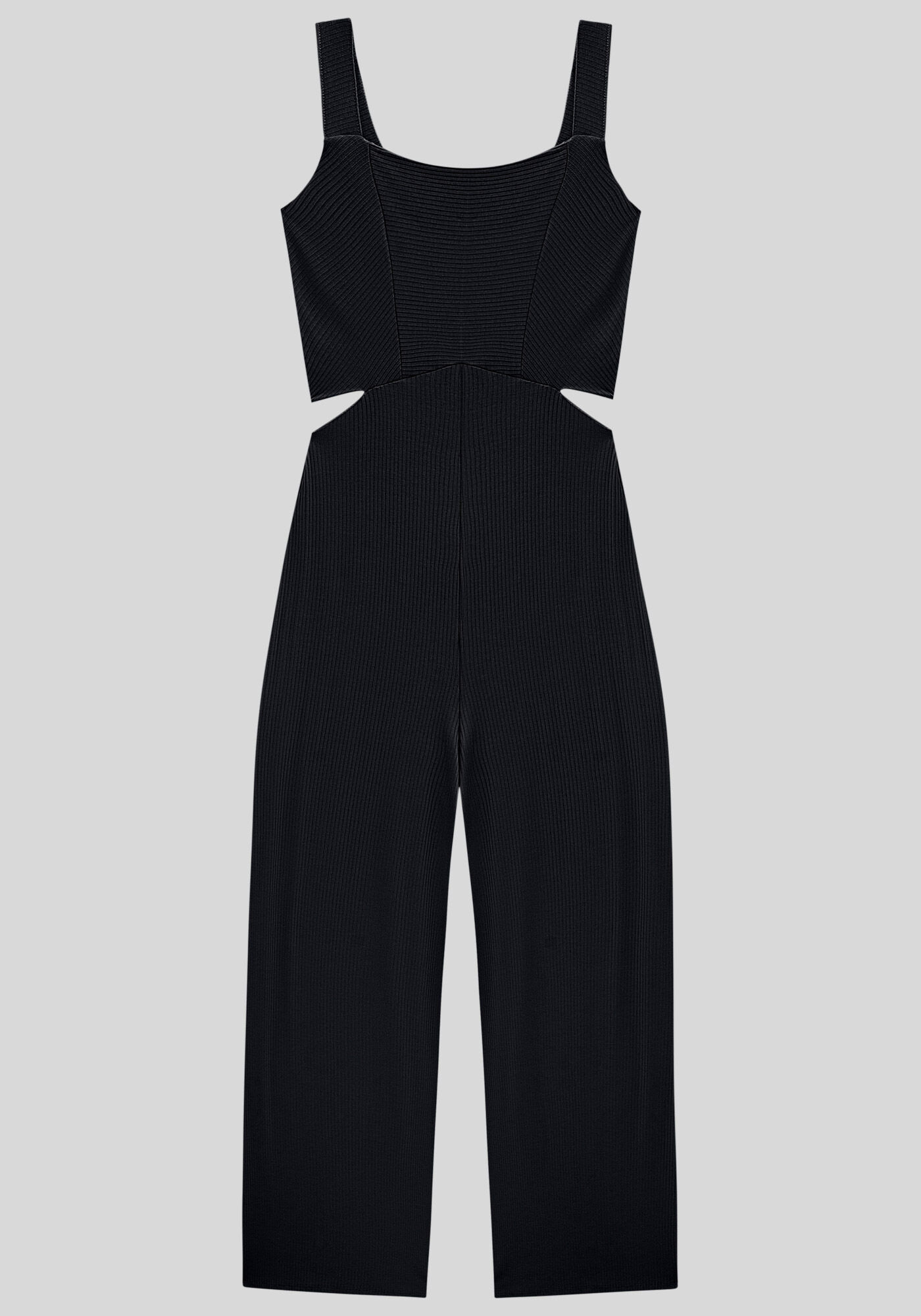 Macac&atilde;o Longo Canelado com Recorte Cintura, PRETO, large.