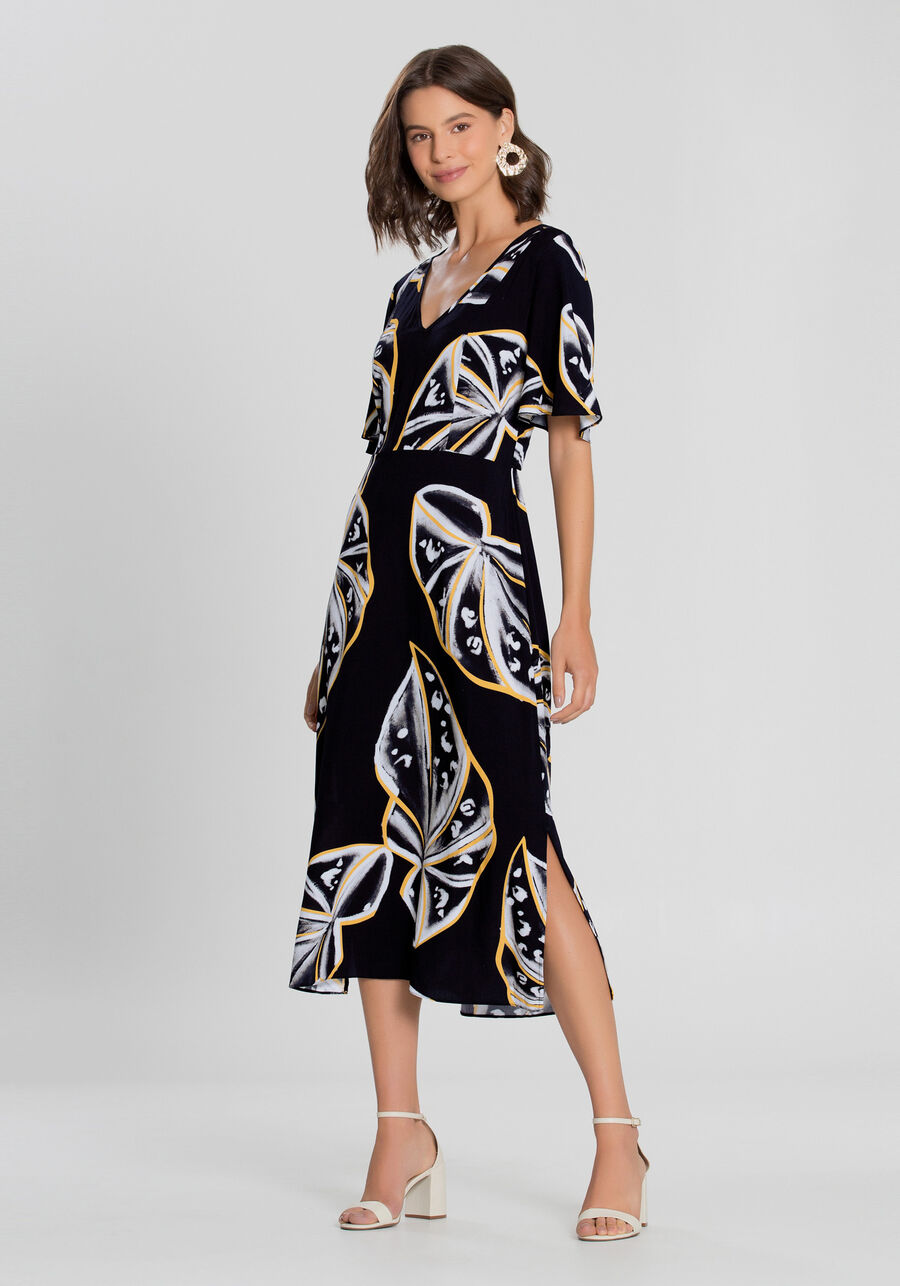 Vestido Midi Estampado com Abertura, PRETO REATIVO. Vestido Midi Estampado com Abertura, PRETO REATIVO, large.