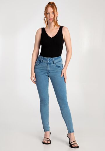 Calça Jeans Skinny Cintura Média com Cós Largo, JEANS, large.
