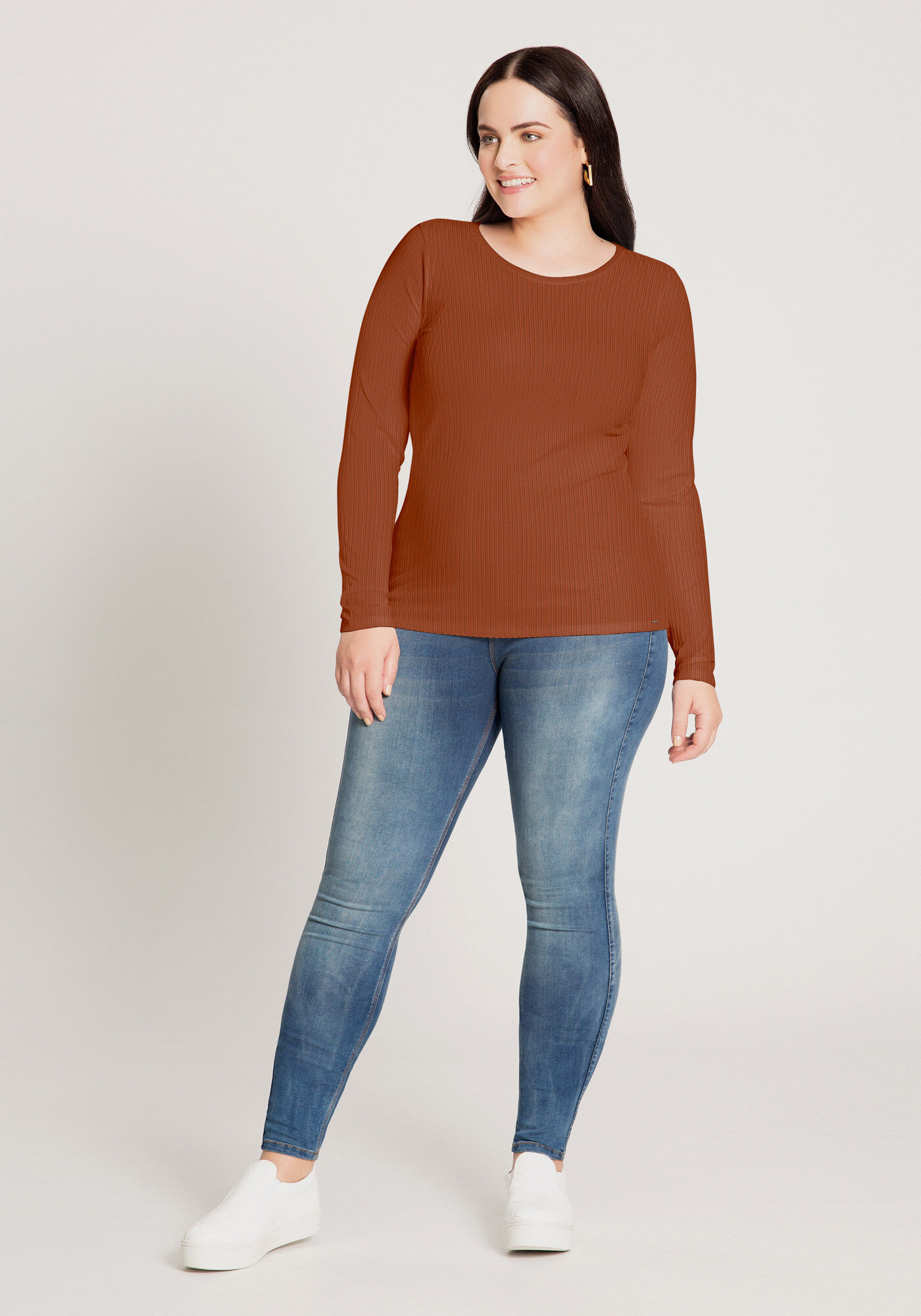 Blusa B&aacute;sica De Mangas Longas Plus Size Em Malha Canelada, LARANJA FERRUGEM, large.