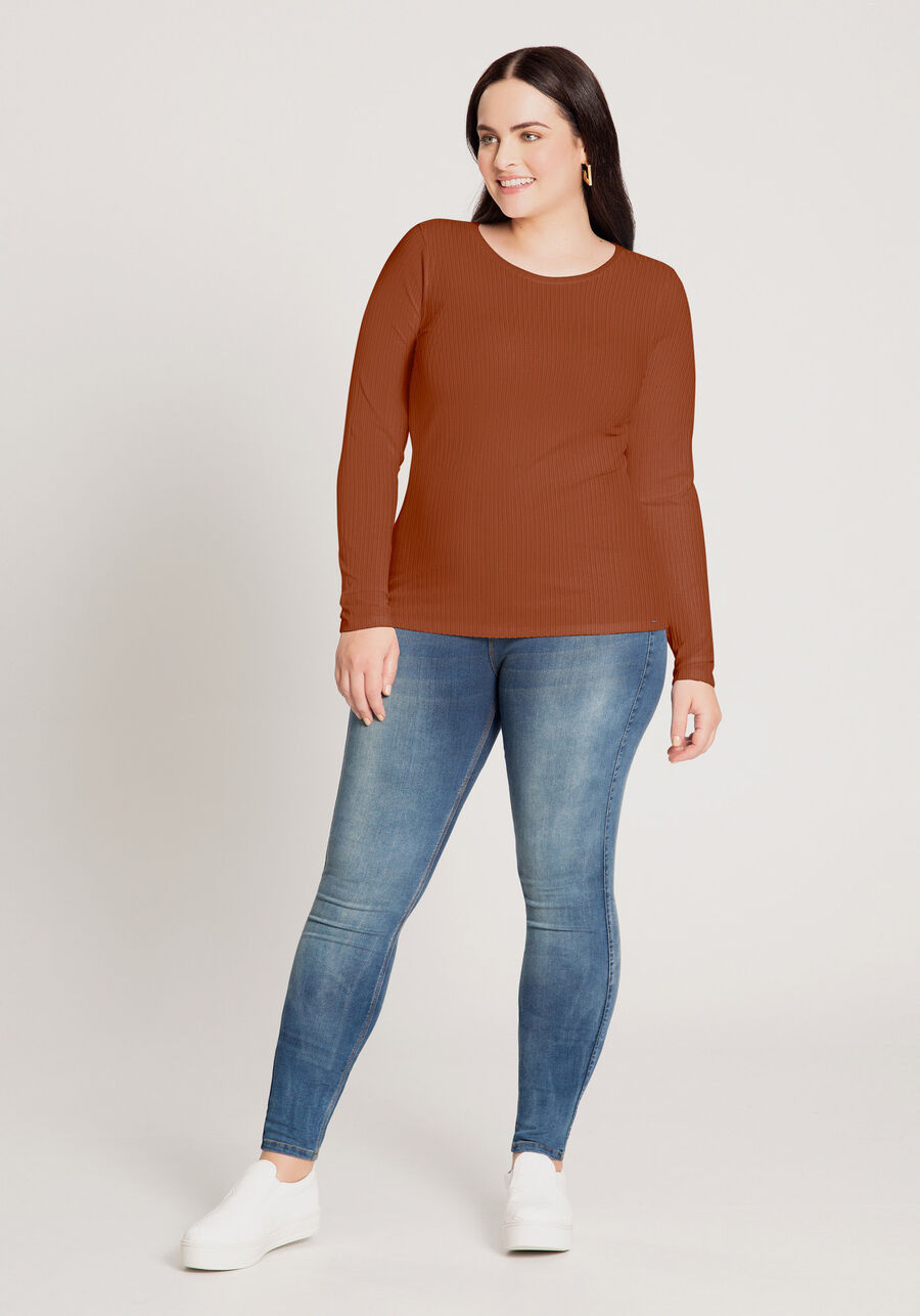 Blusa Básica De Mangas Longas Plus Size Em Malha Canelada, . Blusa Básica De Mangas Longas Plus Size Em Malha Canelada, , large.