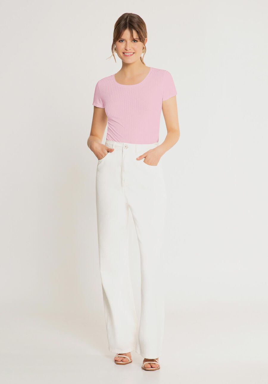 Blusa Em Malha Canelada Com Mangas Curtas E Decote Redondo, . Blusa Em Malha Canelada Com Mangas Curtas E Decote Redondo, , large.