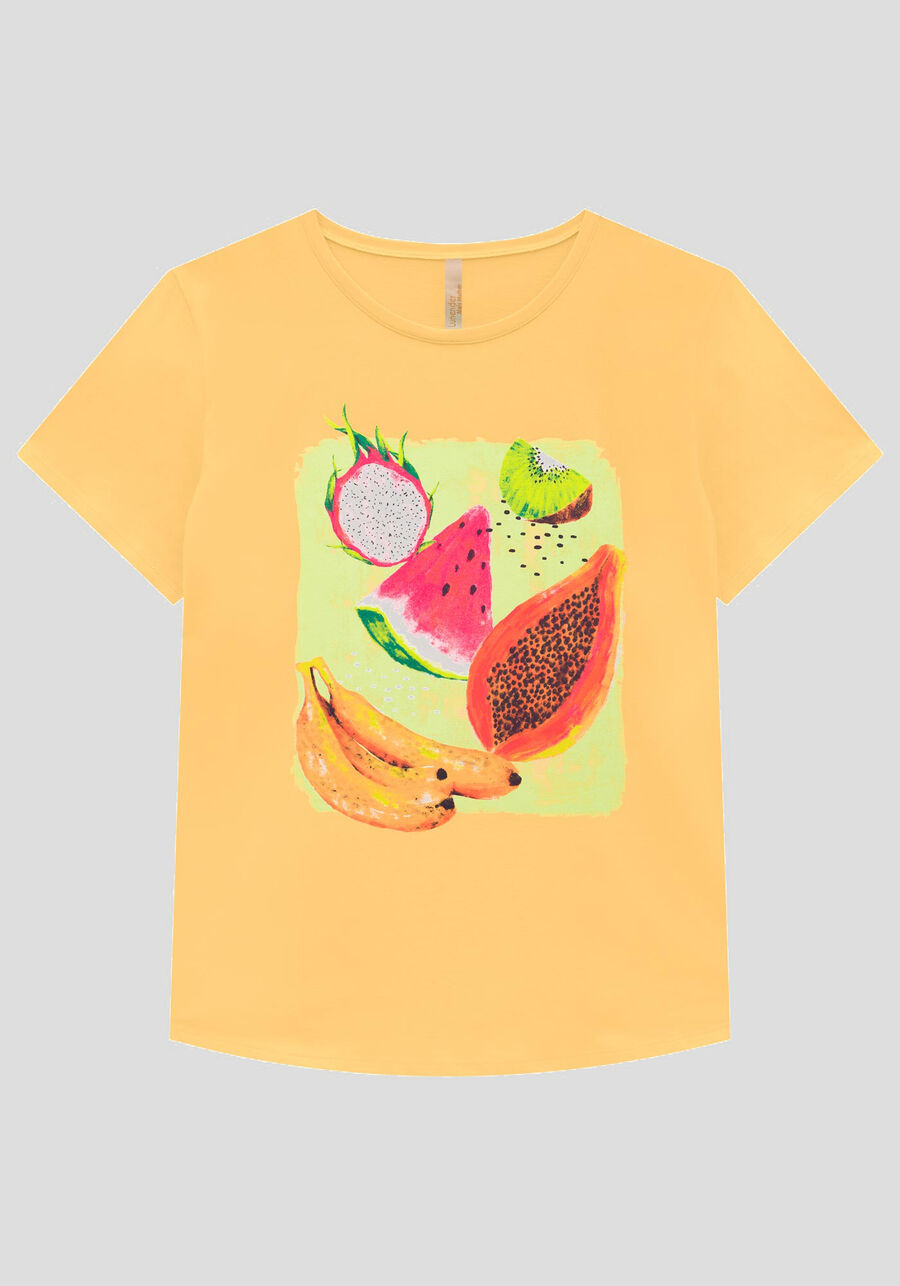T-shirt Plus Size em Malha com Estampa Frutas, AMARELO LOTUS, large.