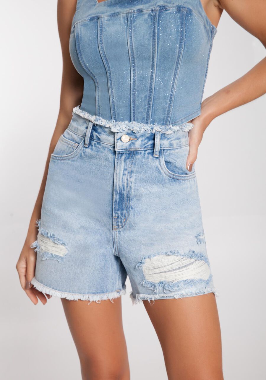 Shorts Jeans Mom Destroyed Alongado, JEANS. Shorts Jeans Mom Destroyed Alongado, JEANS, large.