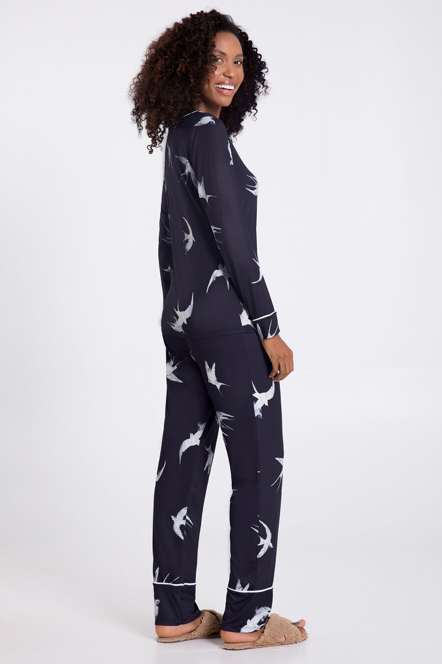 Pijama Longo em Tecido Decote V, LIBERTE MARINHO, large.