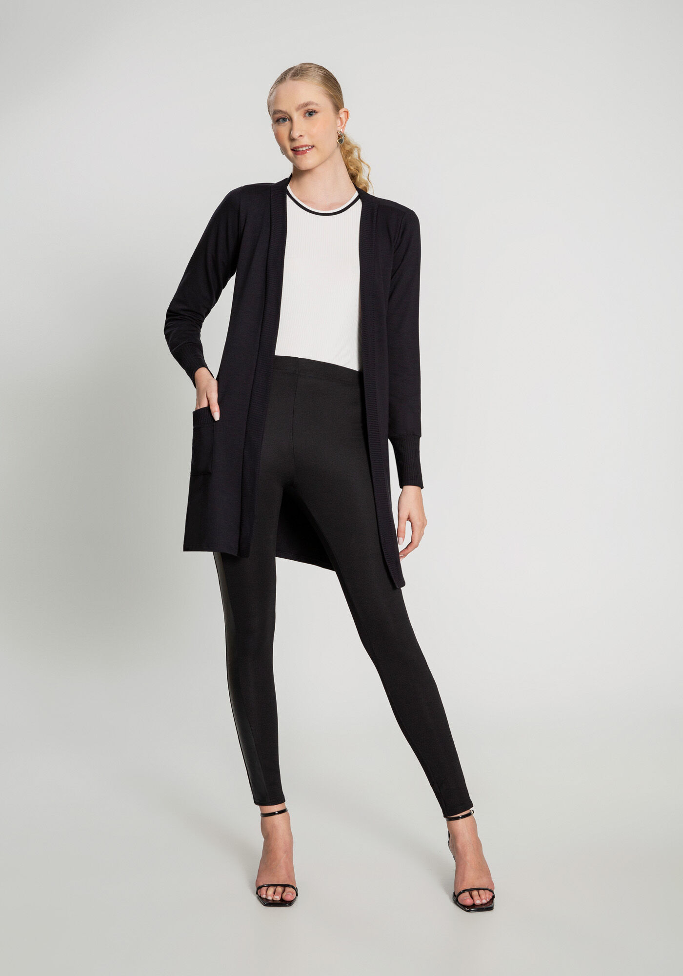 Cardigan Alongado em Moletom com Bolsos, PRETO REATIVO, large.