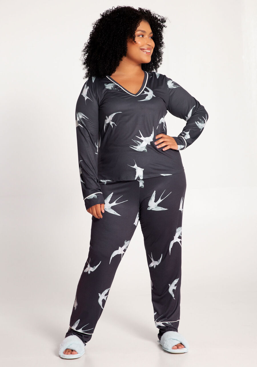 Pijama Plus Size Longo em Tecido Decote V, LIBERTE MARINHO, large.