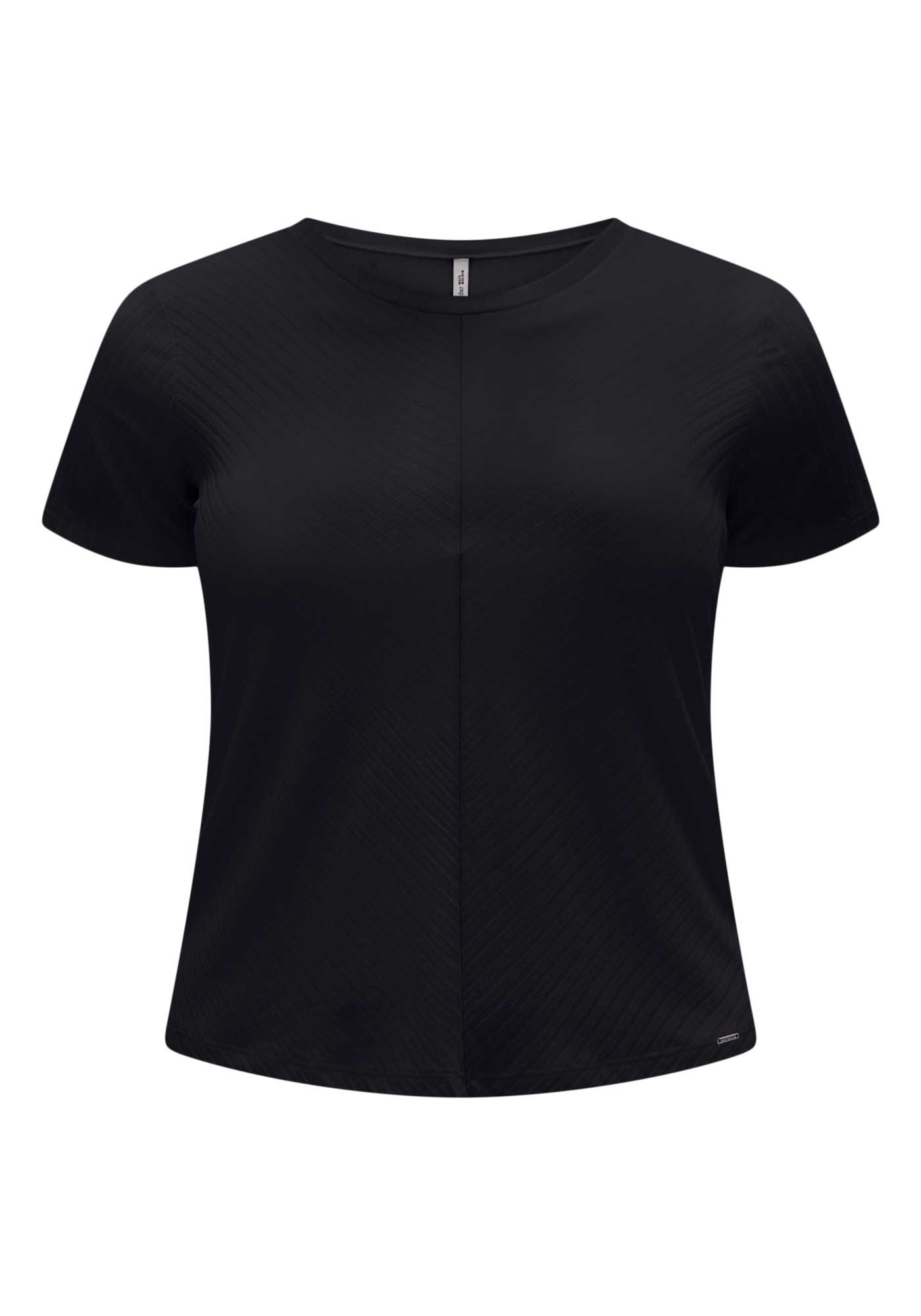 Blusa B&aacute;sica Canelada De Mangas Curtas Com Recorte Frontal, PRETO REATIVO, large.