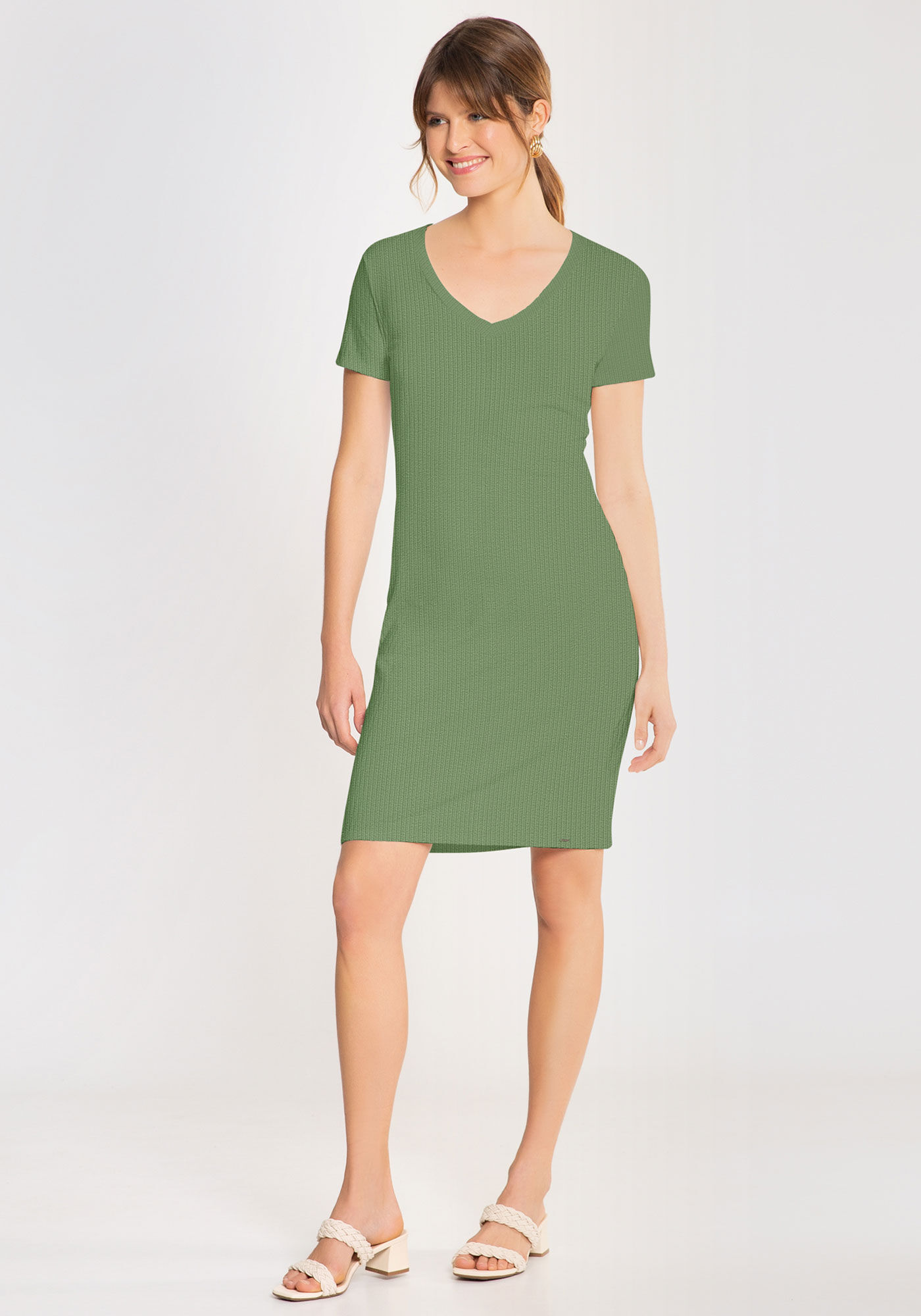 Vestido Curto Canelado B sico com Manga Curta Lunender