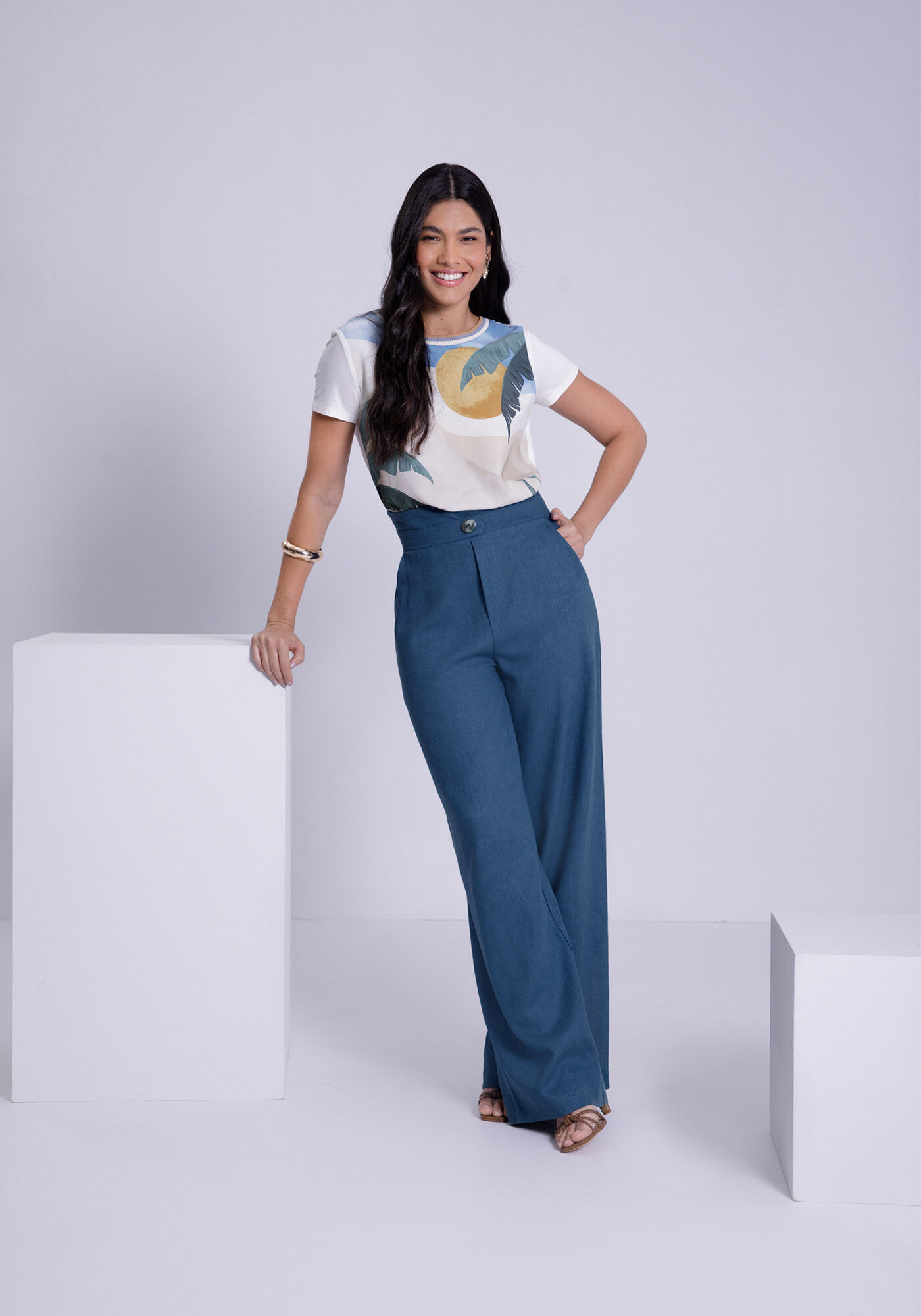 Blusa Estampada em Malha e Tecido com Retil&iacute;nea, , large.