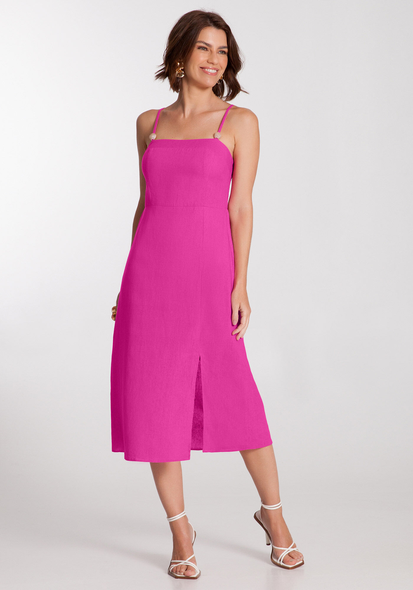 Vestido Midi em Linho com Fenda e Lastex Lunender