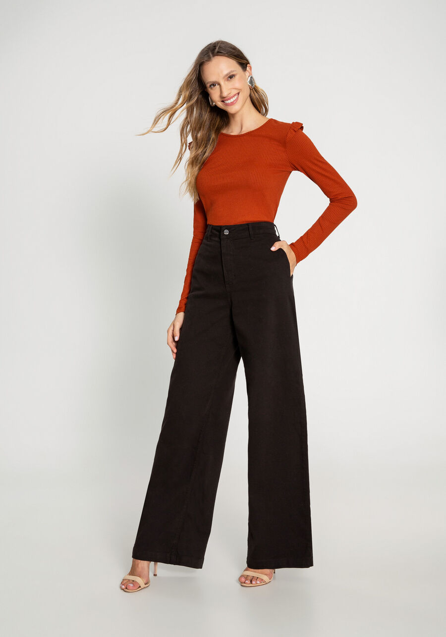 Blusa Manga Longa Canelada com Babados, LARANJA FERRUGEM. Blusa Manga Longa Canelada com Babados, LARANJA FERRUGEM, large.