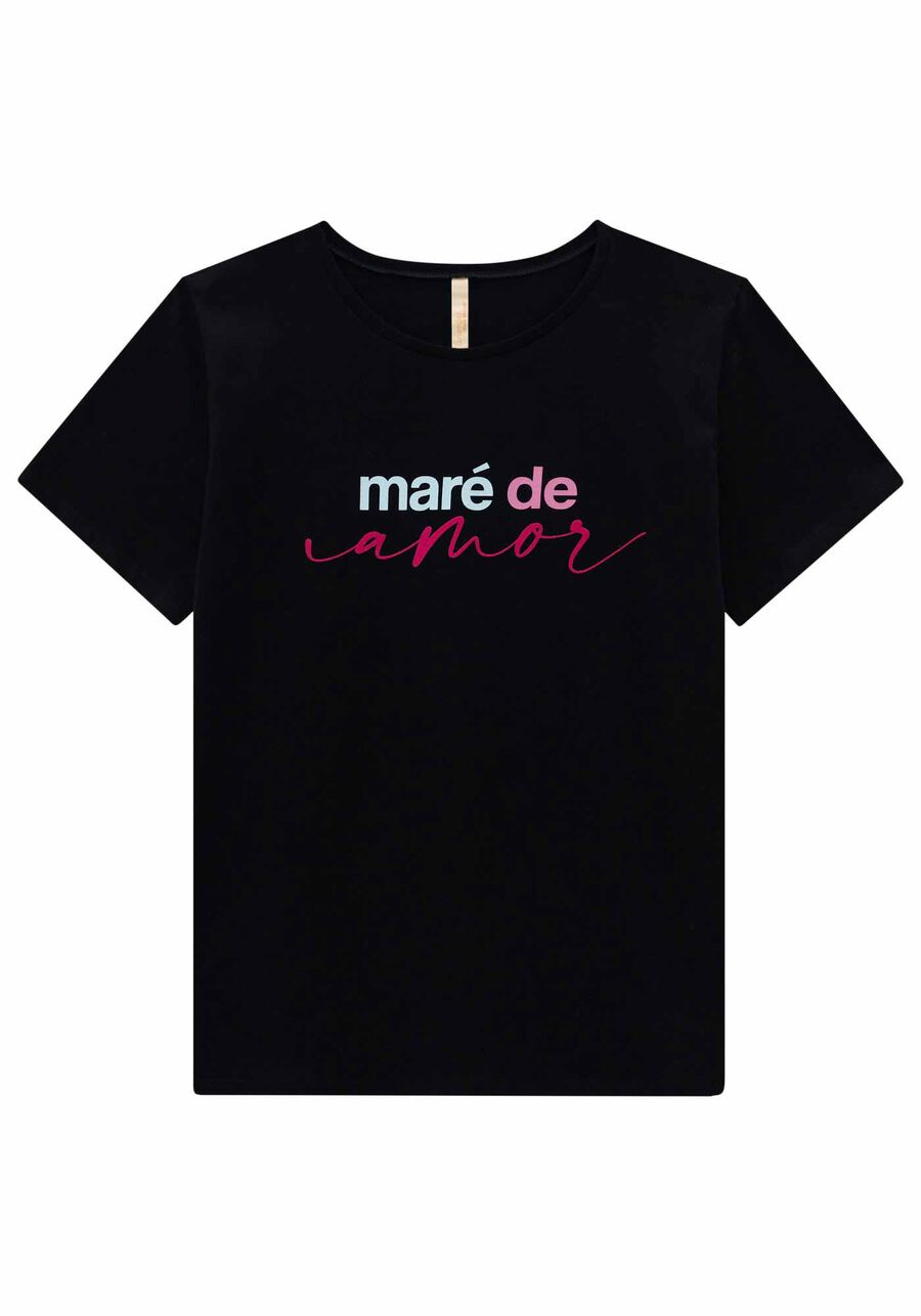 T-shirt Plus Size Meia Malha Maré de Amor, PRETO REATIVO, large.