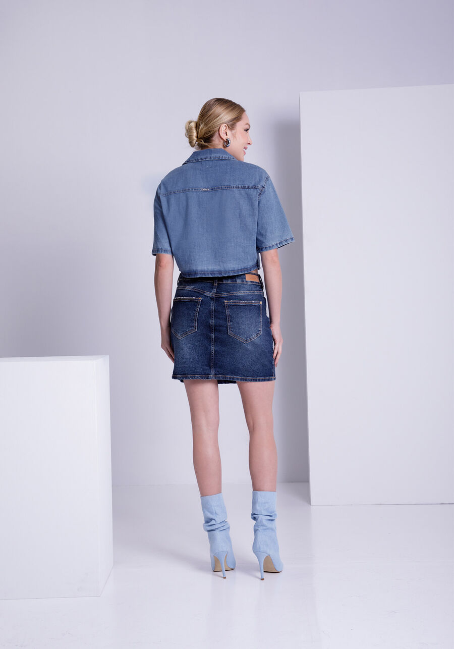 Camisa Jeans Cropped Manga Curta com Bolsos, . Camisa Jeans Cropped Manga Curta com Bolsos, , large.