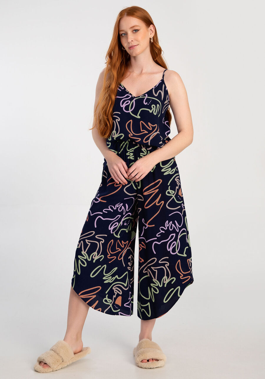 Pijama Estampado em Viscose com Blusa e Pantacourt, FACES MARINHO. Pijama Estampado em Viscose com Blusa e Pantacourt, FACES MARINHO, large.