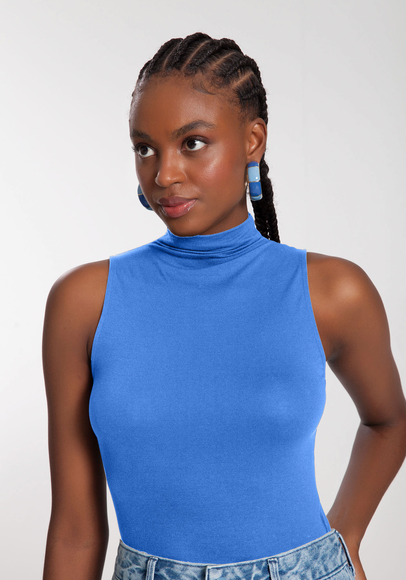 Blusa B&aacute;sica Com Gola Alta Em Malha De Viscose E Elastano, AZUL CARBONO, large.