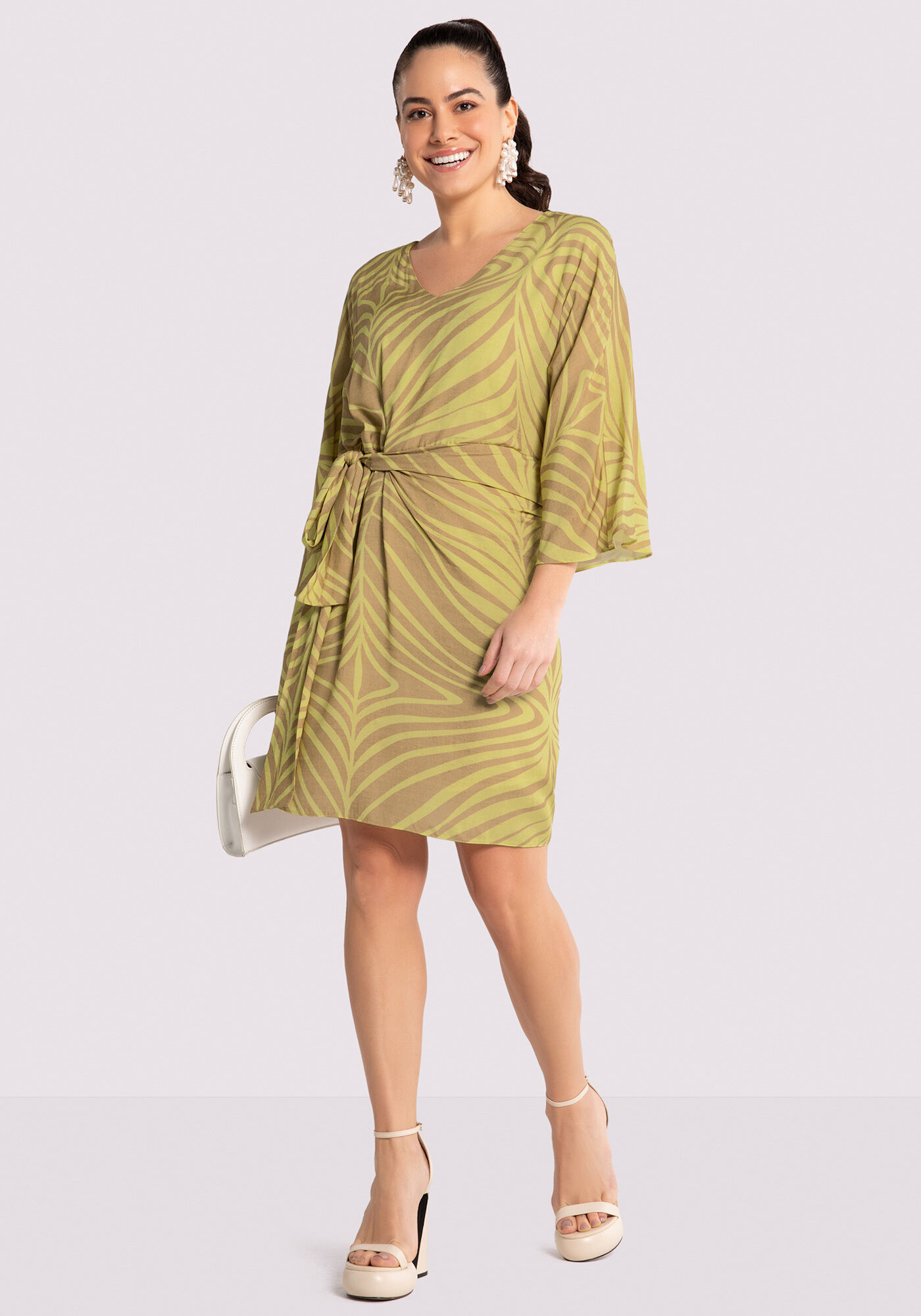 Vestido Curto Estampado em Viscose com Faixa, ECO BEGE, large.