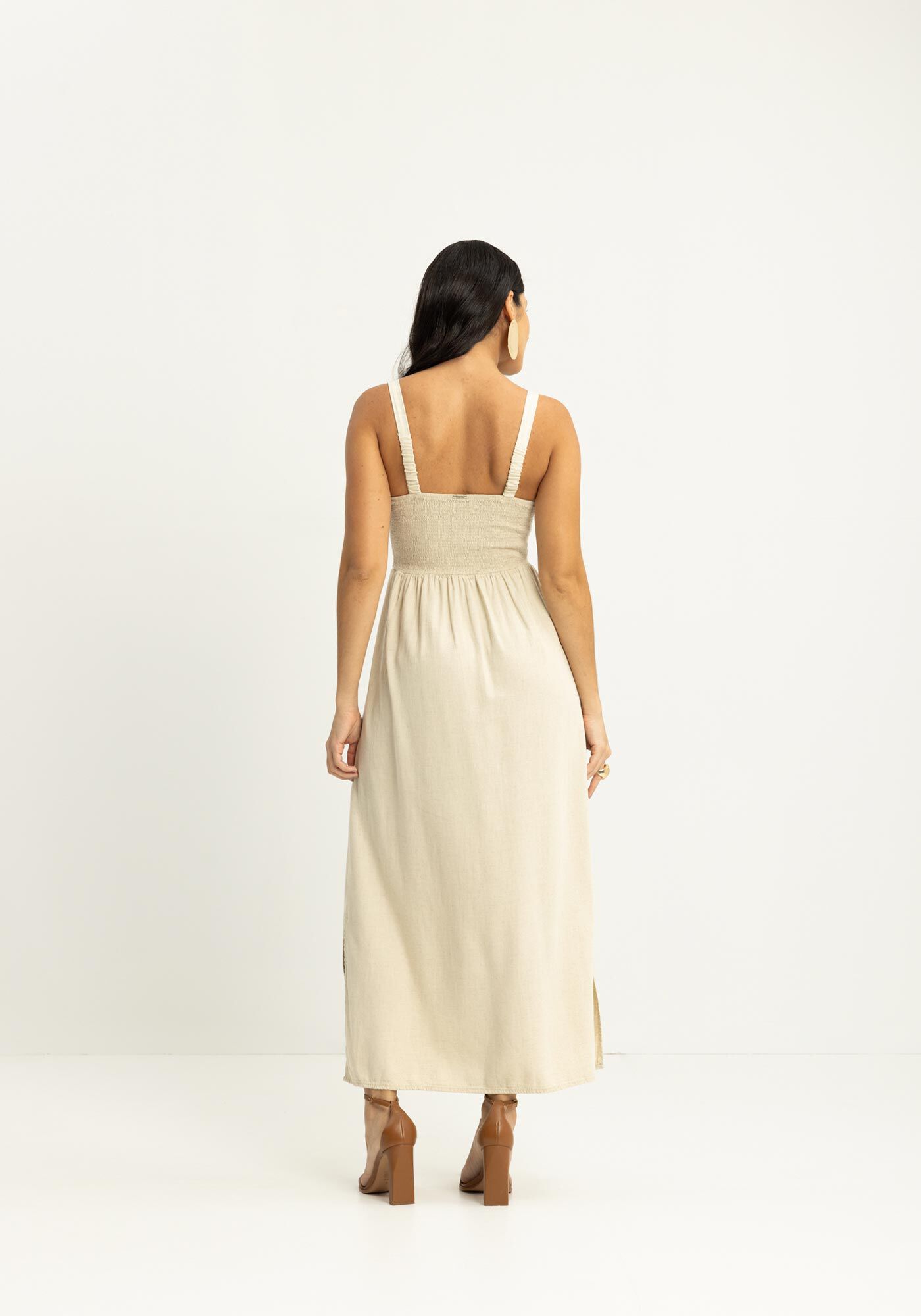 Vestido Longo De Al&ccedil;as Em Linho Com El&aacute;stico Posterior, , large.