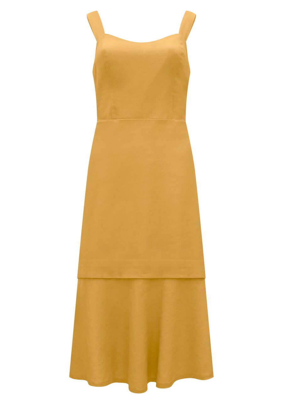 Vestido Midi Chá Com Elástico Nas Costas Em Tecido Linho, . Vestido Midi Chá Com Elástico Nas Costas Em Tecido Linho, , large.