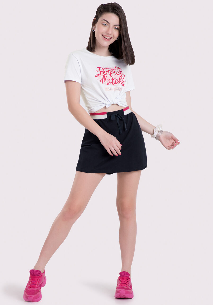 T-shirt Juvenil Cropped em Malha Estampada, BRANCO. T-shirt Juvenil Cropped em Malha Estampada, BRANCO, large.