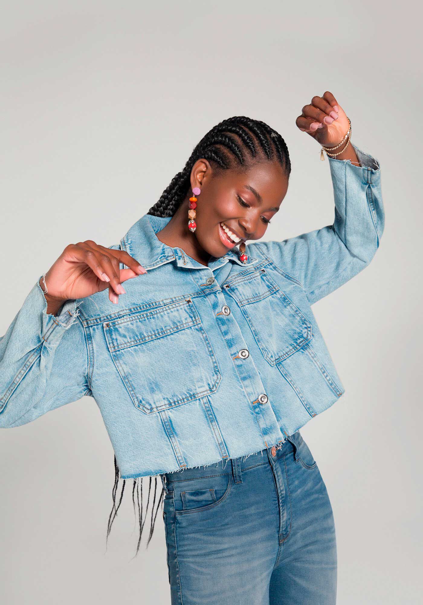 Jaqueta Jeans Manga Longa Cropped Ampla Lunender