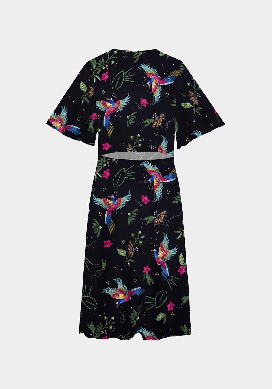 Vestido Midi Estampado com Abertura, PRETO/FLOR. Vestido Midi Estampado com Abertura, PRETO/FLOR, large.