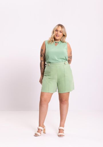 Shorts Com Cintura Alta E Nervuras Em Sarja Com Elastano, VERDE SLAB. Shorts Com Cintura Alta E Nervuras Em Sarja Com Elastano, VERDE SLAB, large.